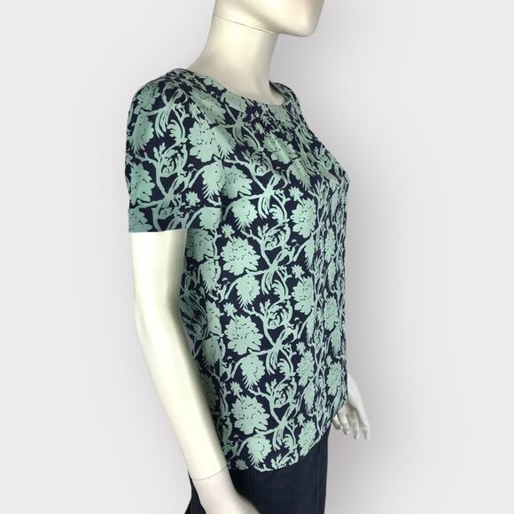 Tory Burch Floral Silk Blouse Navy Blue & Teal Silk Short Sleeves - Picture 4 of 6